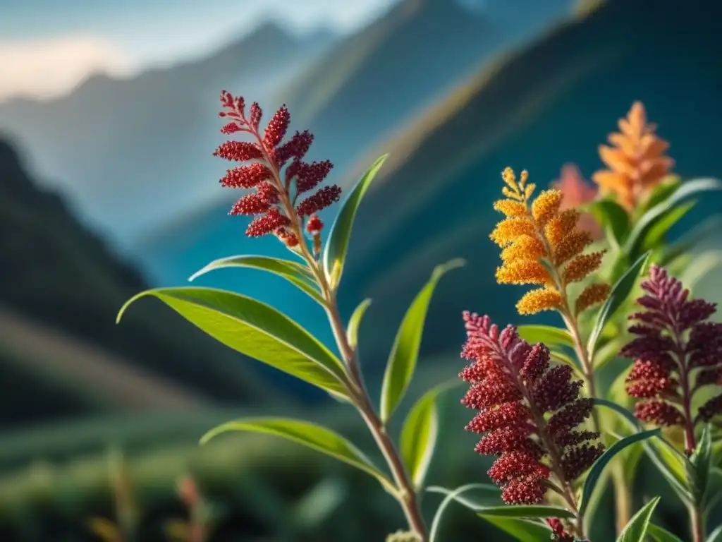 Detalles vibrantes de una planta de quinua en los Andes, simbolizando la sostenibilidad de la Cocina Inca ante el Cambio Climático