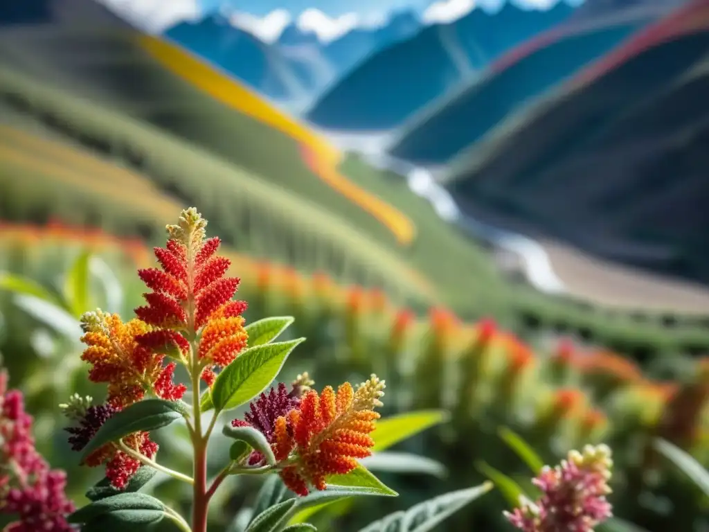 Detalles vibrantes de una planta de quinua en los Andes, reflejando su historia y beneficios en la región