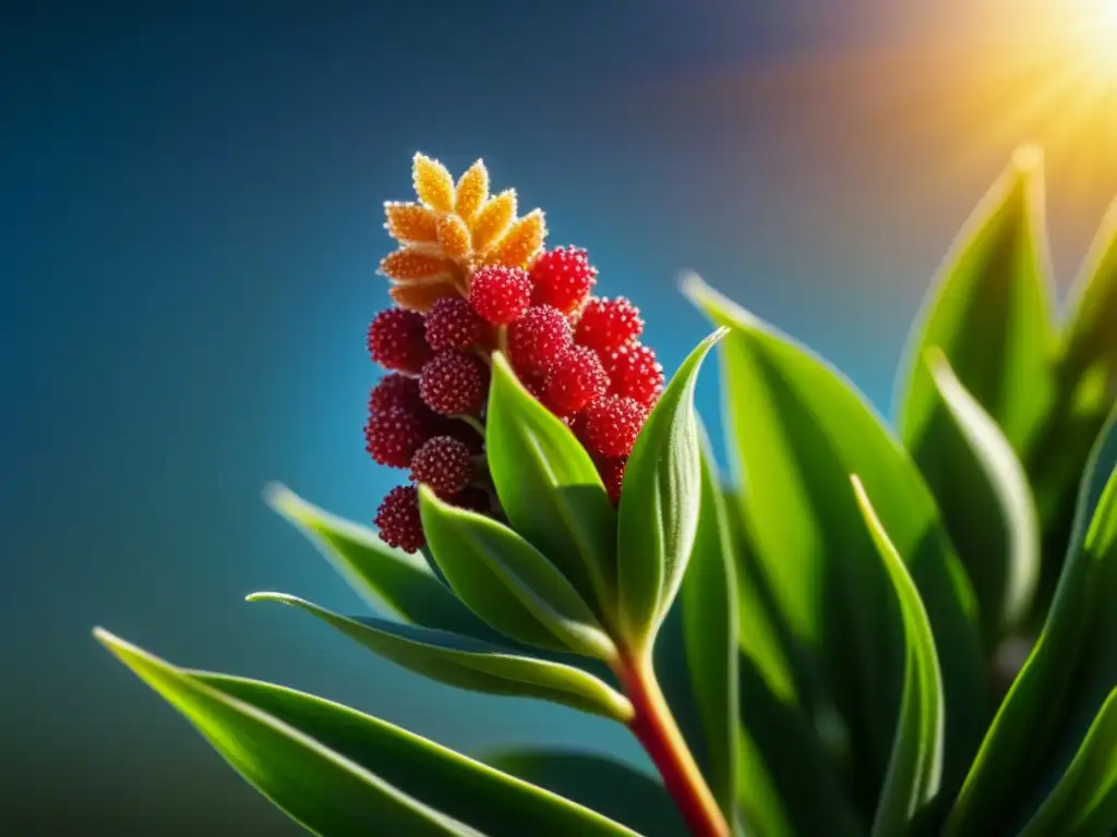 Detalles vibrantes de una planta de quinua recién cosechada, evidenciando la belleza natural de este superalimento precolombino