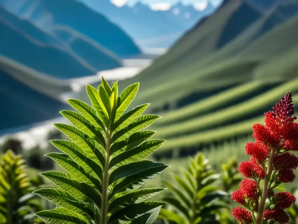 Quinua andina: belleza y resistencia en detalle Detalles vibrantes de una planta de quinua andina con semillas y montañas al fondo, historia de la quinua andina