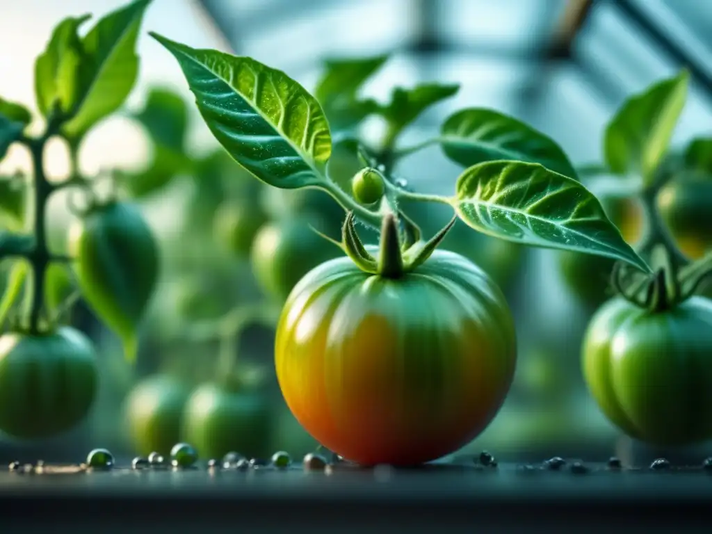 Detalles vibrantes de una planta de tomate verde en cocina de invernadero en Escandinavia