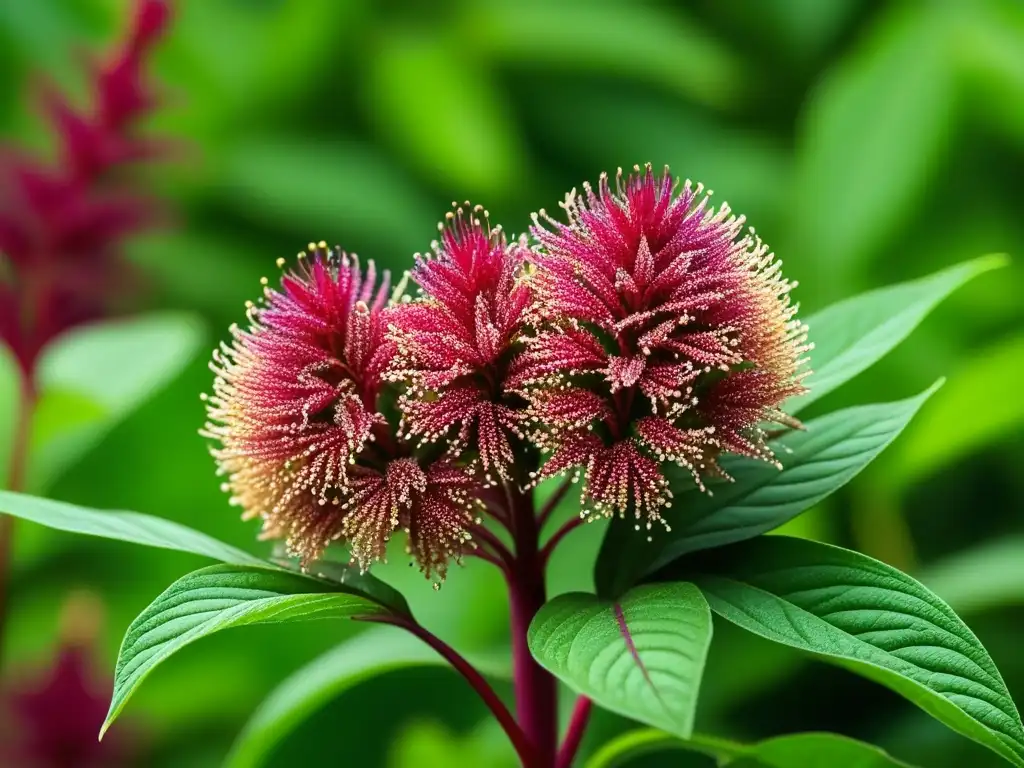 Detalles vibrantes de plantas de amaranto recién cosechadas, destacando sus semillas coloridas en contraste con hojas verdes exuberantes