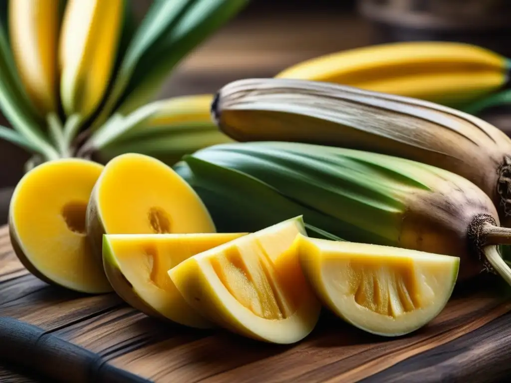 Detalles vibrantes de plátanos y yuca en mesa rústica