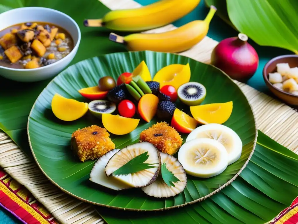 Detalles vibrantes de platos tradicionales en festividades Micronesia: pescado con coco, estofado de ñame, frutas tropicales