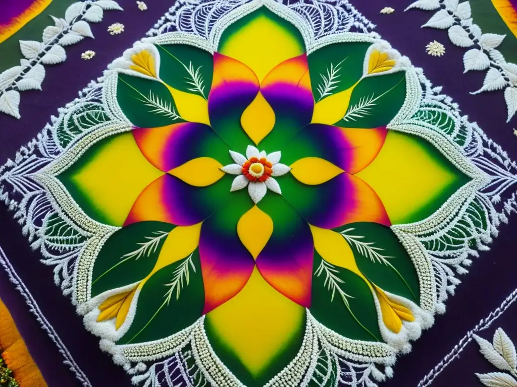 Detalles vibrantes de un rangoli tradicional Ugadi, con símbolos culturales y patrones geométricos