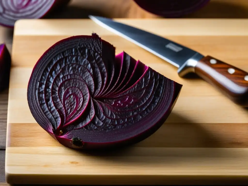 Detalles vibrantes de una remolacha morada siendo cortada en una tabla de madera, evocando el borscht en la era Catalina Grande