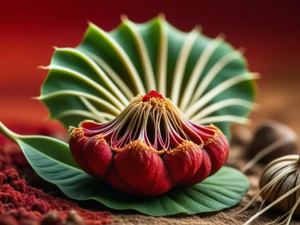 Detalles vibrantes de una raíz de maca roja, ingrediente afrodisíaco en la cocina amazónica