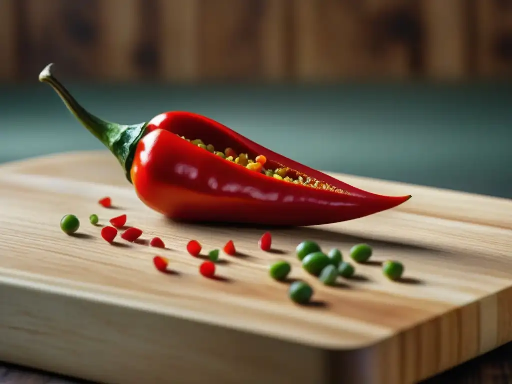 Detalles vibrantes de un chile rojo cortado, revelando sus semillas, en una tabla de cortar de madera