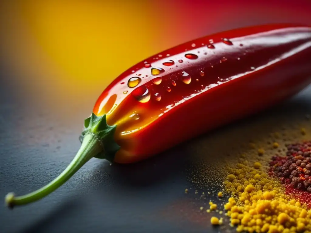 Detalles vibrantes de un chile rojo con especias coloridas, resaltando la belleza de la gastronomía mestiza