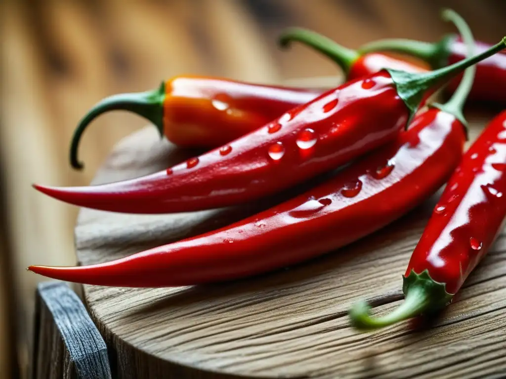 Detalles vibrantes de ají rojo con gotas de agua, texturas arrugadas y pelos en los tallos, en mercado tradicional