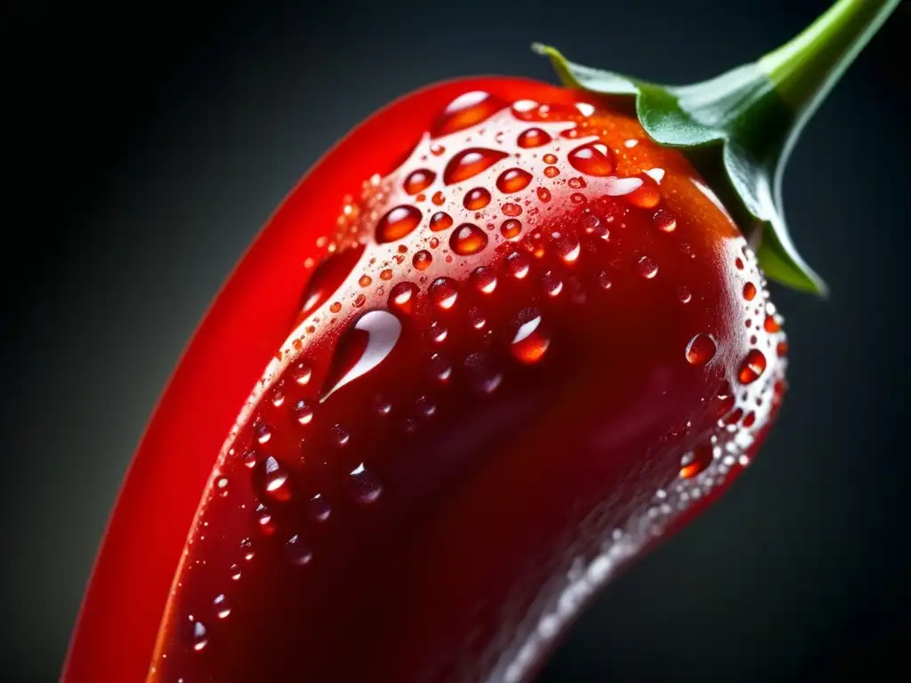 Detalles vibrantes de un chile rojo con gotas de agua, resaltando su belleza natural