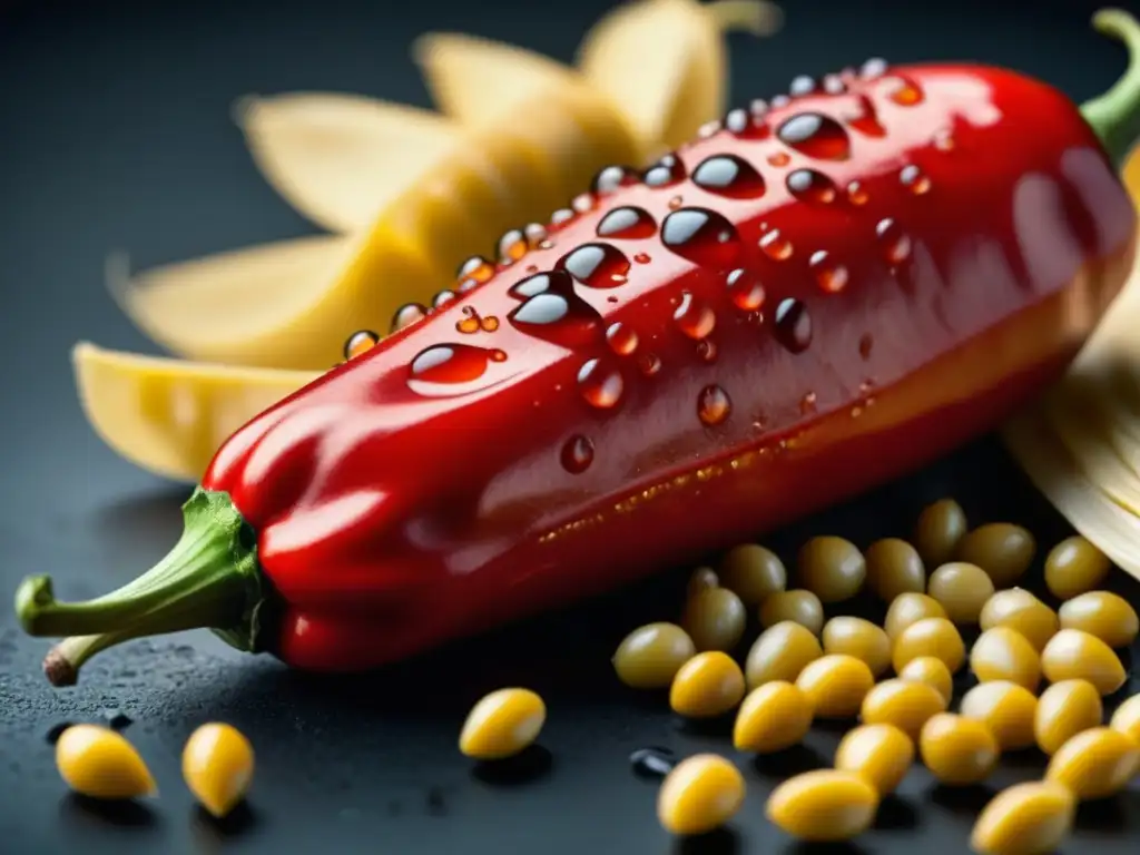 Detalles vibrantes de un chile rojo con gotas de agua, rodeado de maíz y frijoles secos