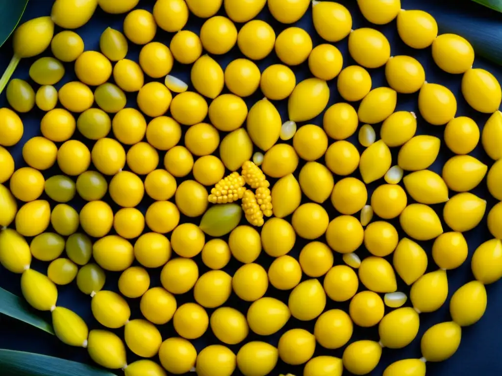 Detalles vibrantes del maíz sagrado en recetas ancestrales, mostrando texturas y colores en un patrón circular