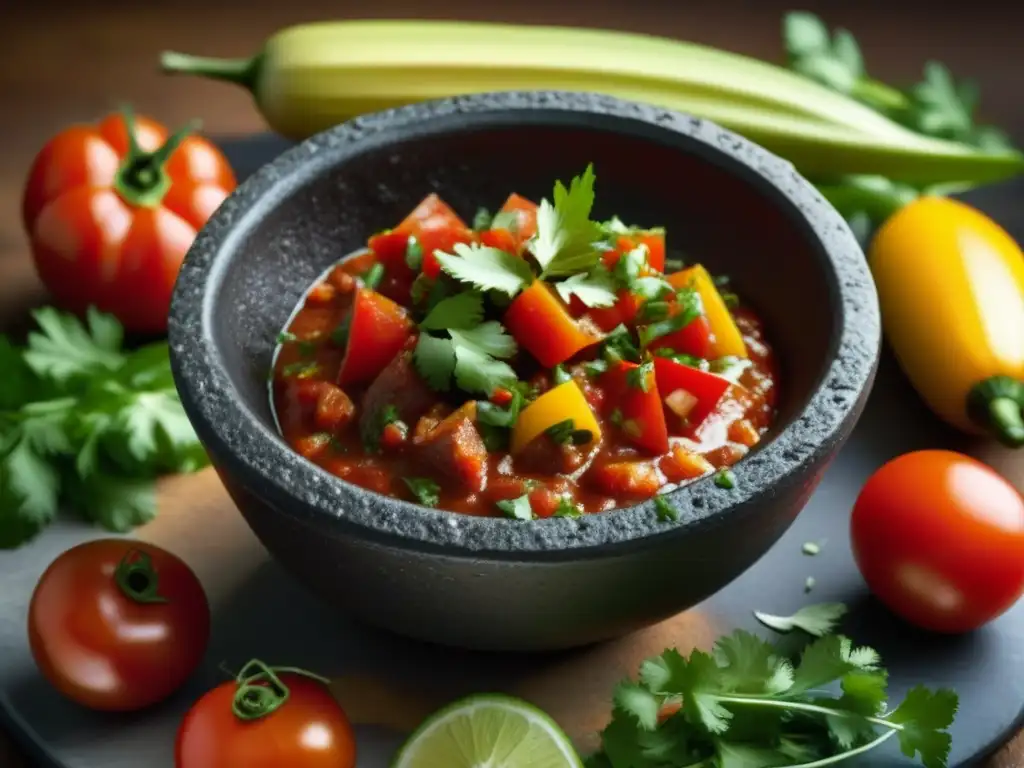 Salsa tradicional en molcajete: colores vibrantes y texturas auténticas Detalles vibrantes de una salsa hispanoamericana tradicional en un molcajete, resaltando la historia culinaria