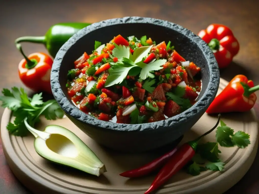 Detalles vibrantes de una salsa mexicana en un molcajete, con ingredientes frescos y coloridos, reflejando la cultura gastronómica de México