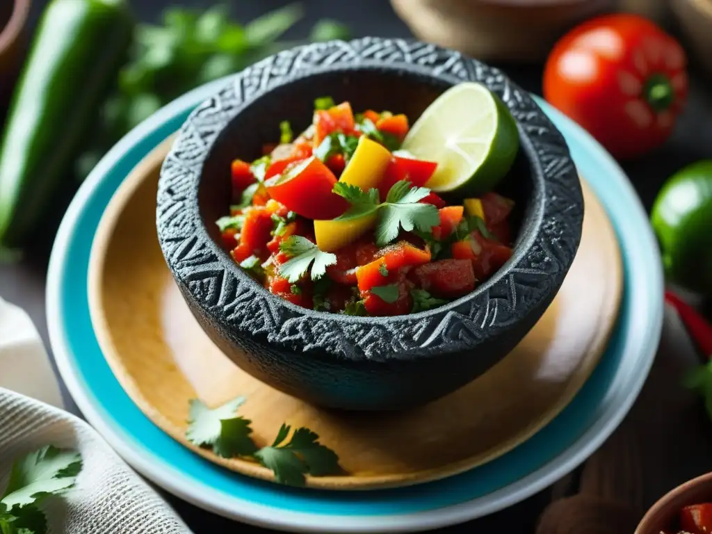 Detalles vibrantes de una salsa mexicana en un molcajete, relevancia gastronómica de recetas históricas culturales