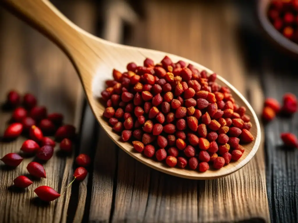 Detalles vibrantes de semillas de achiote rojo en cuchara de madera rústica