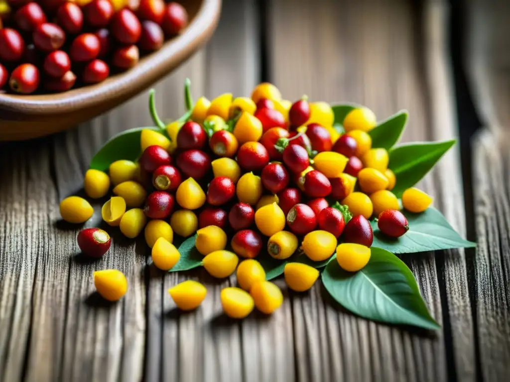 Detalles vibrantes de semillas de achiote rojas y amarillas en superficie de madera rústica, rodeadas de hojas verdes de cilantro