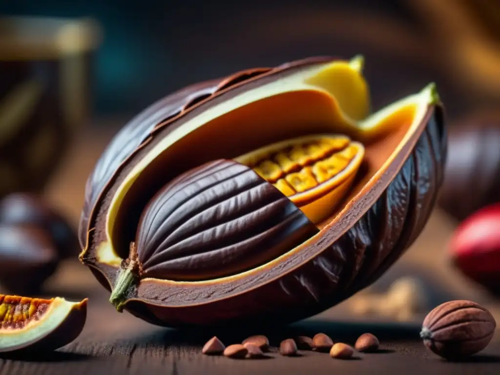 Detalles vibrantes de semillas de cacao en su vaina, evolución del uso del chocolate