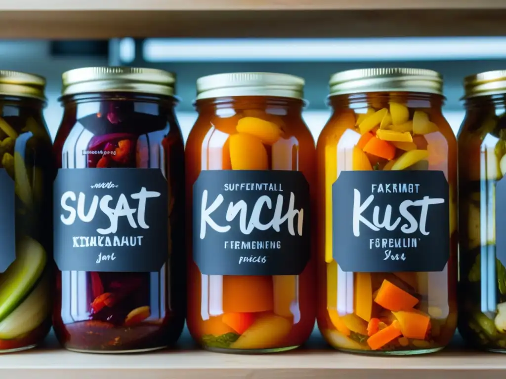 Detalles vibrantes de tarros con kimchi, chucrut y encurtidos en fermentación antigua cocina sustentable