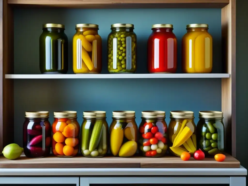 Detalles vibrantes de técnicas de conservación de alimentos históricas en una cocina rústica