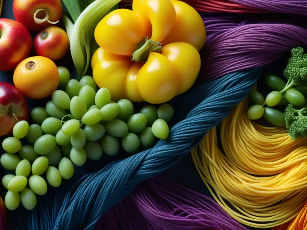 Detalles vibrantes: tejidos entrelazados con frutas y verduras, fusionando influencia textil en conservación alimentos