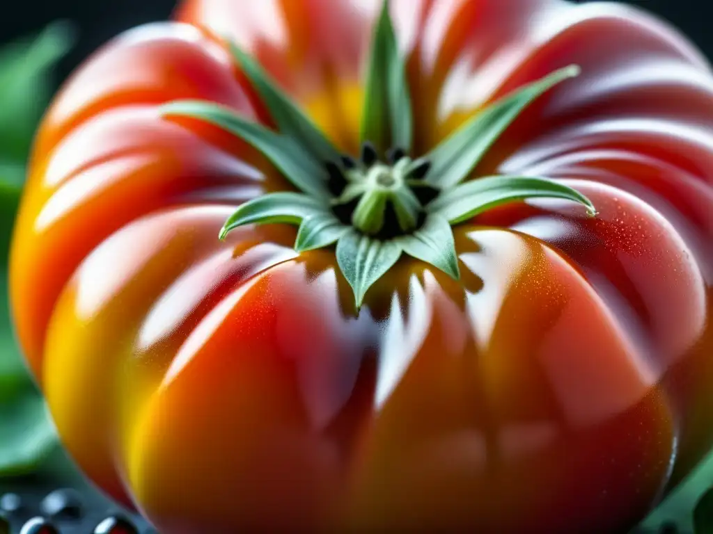 Detalles vibrantes de un tomate ancestral con gotas de rocío, reflejando la belleza de la permacultura en gastronomía ancestral