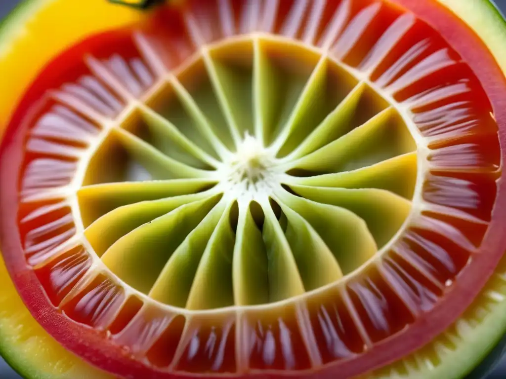 Detalles vibrantes de un tomate ancestral: forma irregular, colores rojos y amarillos, red de semillas