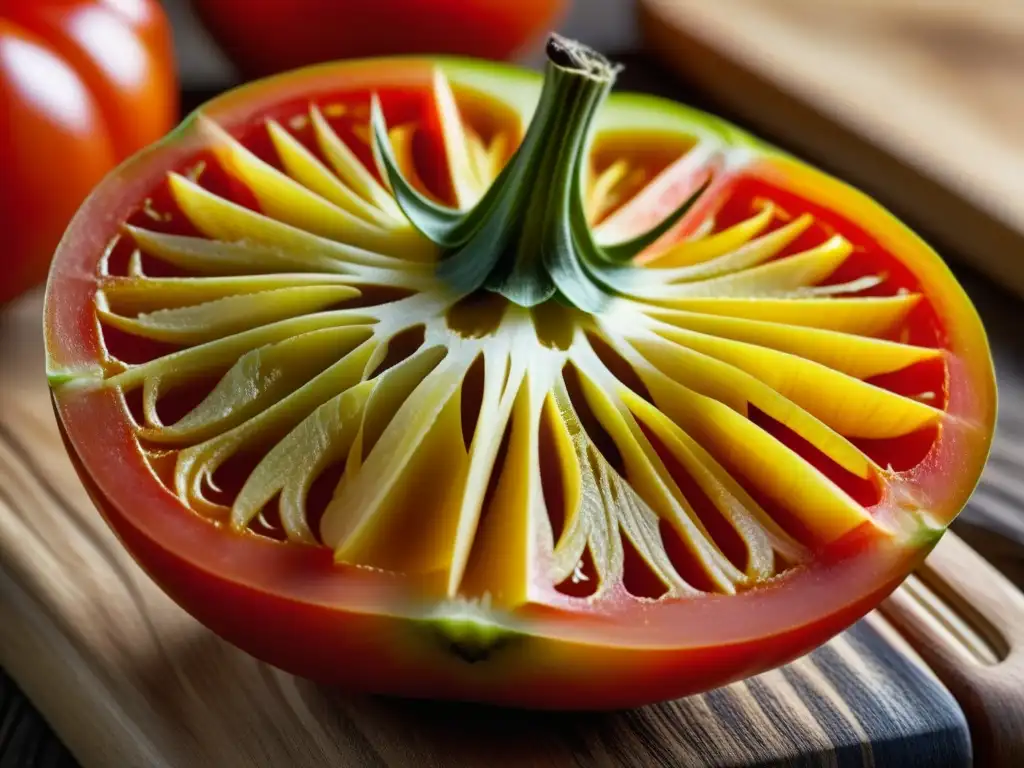 Detalles vibrantes de un tomate ancestral en una tabla de cortar de madera