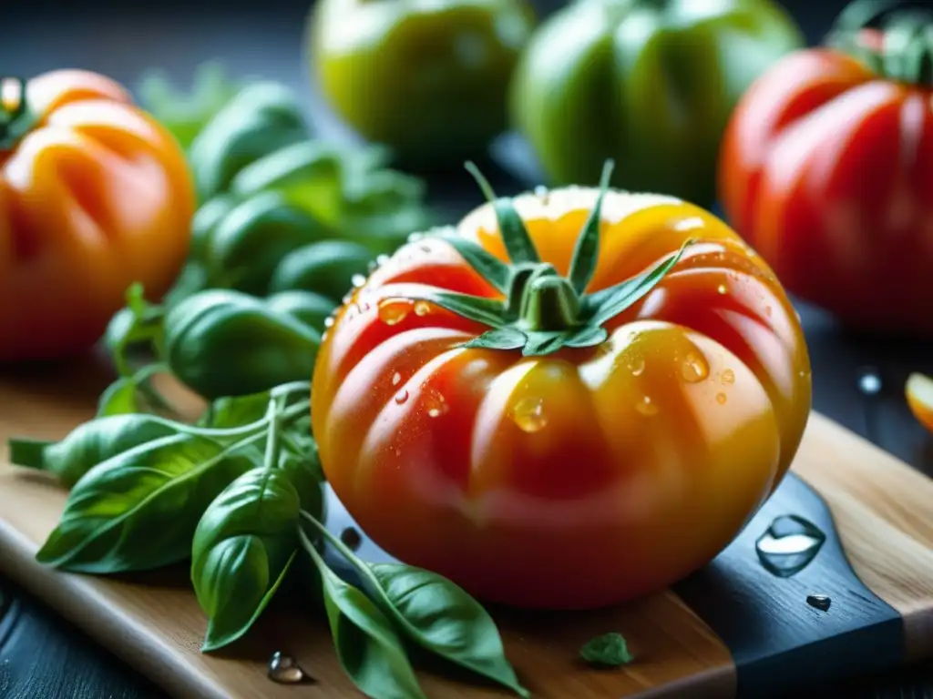 Detalles vibrantes de un tomate histórico cultural con gotas de agua, sobre tabla de madera con pimientos y albahaca fresca