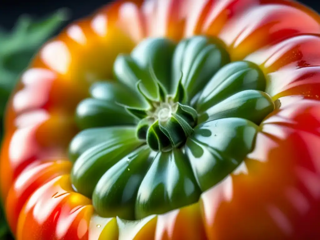 Detalles vibrantes de un tomate histórico, reflejando la esencia de la autosuficiencia en huertas