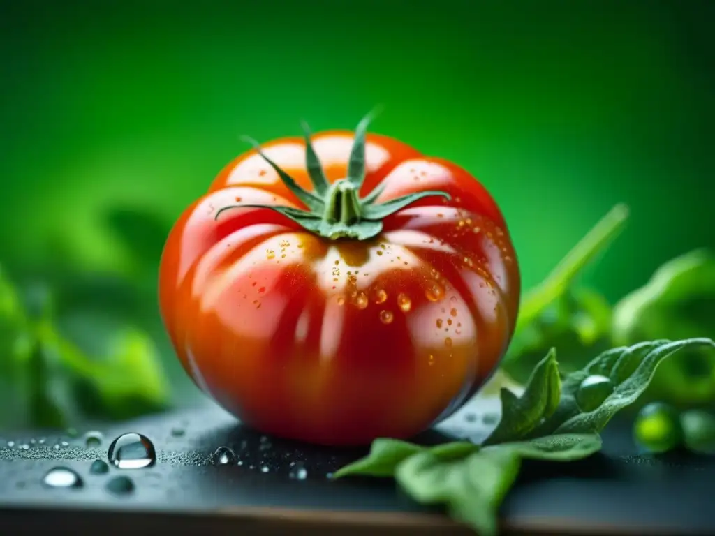 Detalles vibrantes de un tomate histórico rodeado de hojas verdes, con gotas de agua brillantes