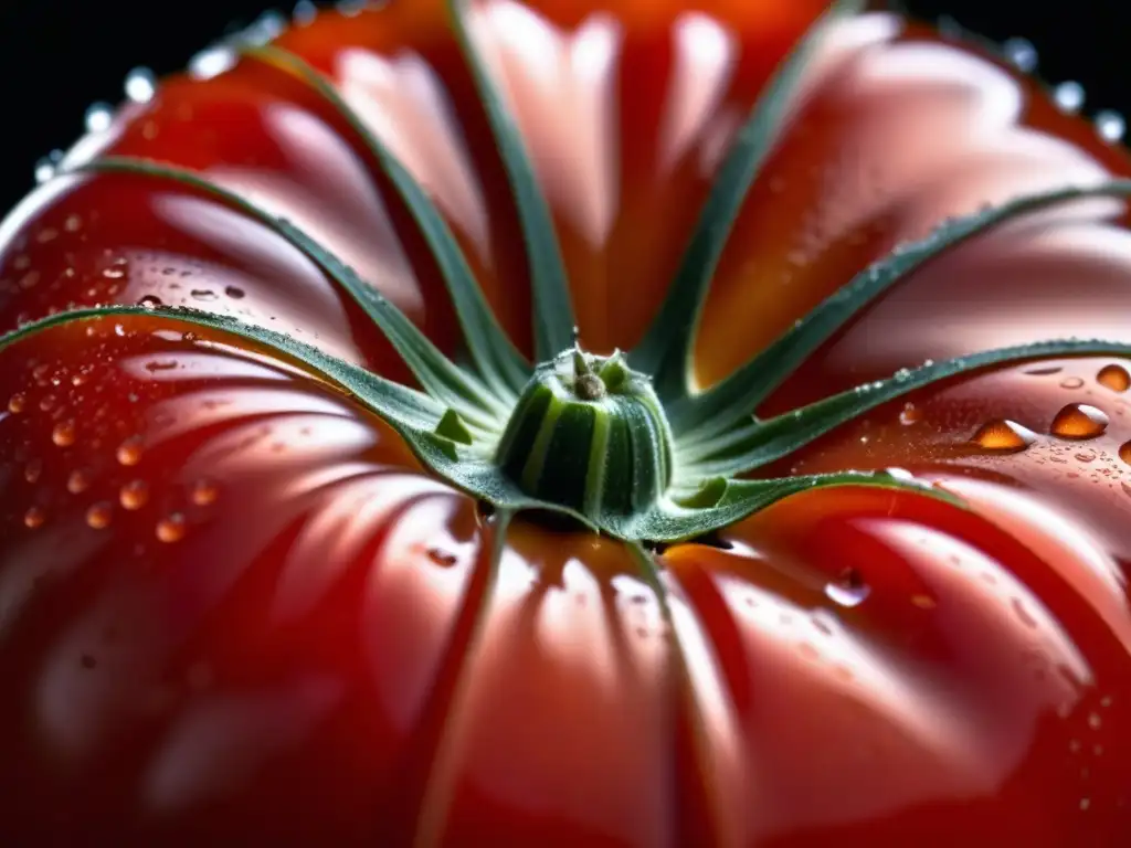 Detalles vibrantes de un tomate maduro y brillante, simbolizando la esencia de la cocina mediterránea