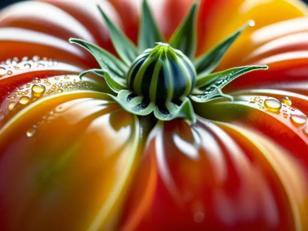 Detalles vibrantes de un tomate orgánico recién cosechado, resaltando la belleza de la producción estacional