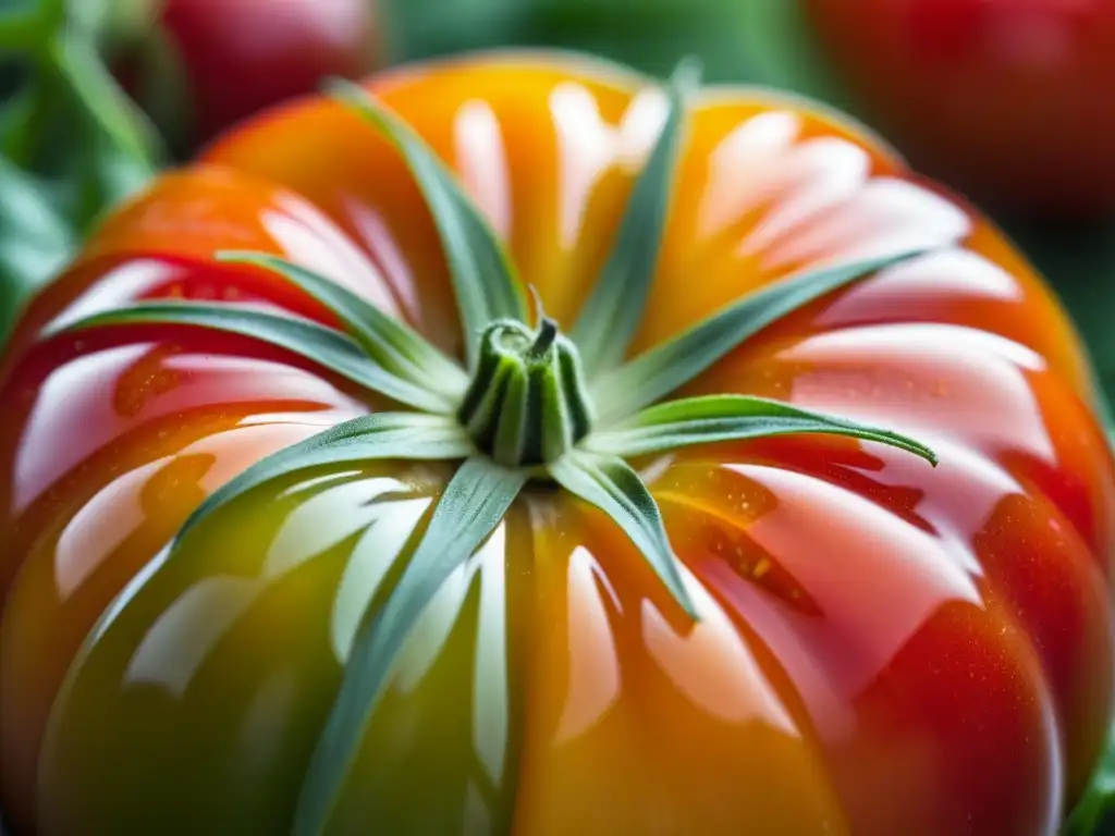 Detalles vibrantes de un tomate orgánico recién cosechado, resaltando la importancia cultural de los productos orgánicos