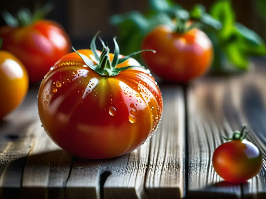 Detalles vibrantes de un tomate orgánico recién recolectado, realzando su belleza natural en una cocina rústica