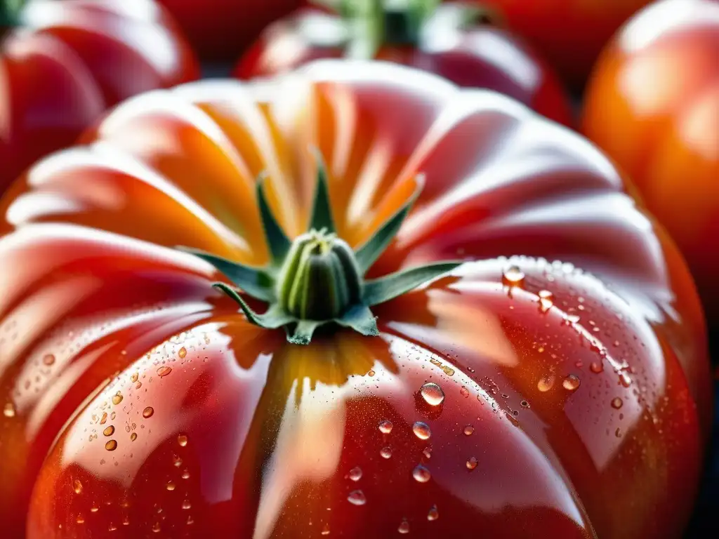 Detalles vibrantes de un tomate rojo con gotas de agua, mercado con estands coloridos