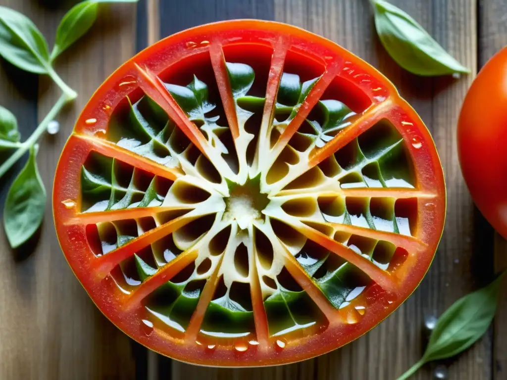 Detalles vibrantes de un tomate rojo cortado, con semillas y jugosa pulpa, rodeado de hojas de albahaca y ajos en una tabla de madera rústica