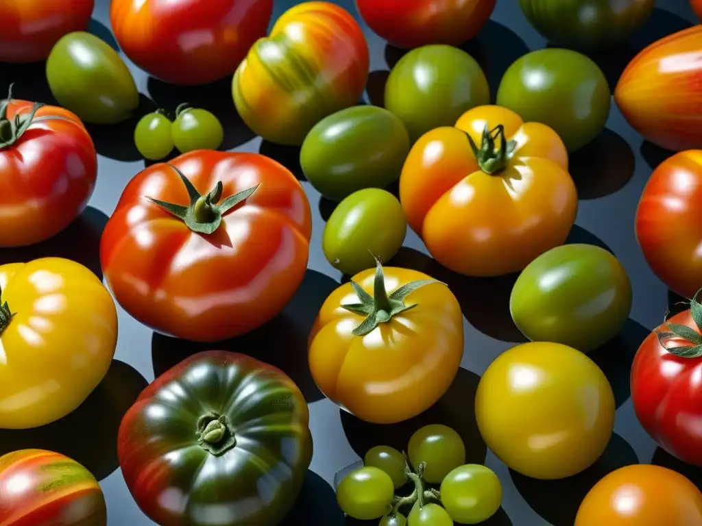 Detalles vibrantes de tomates ancestrales resaltan su diversidad y belleza