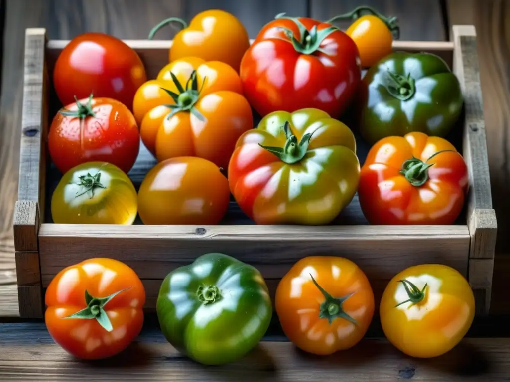 Detalles vibrantes de tomates herencia en caja de madera rústica, resaltando la esencia orgánica y el rol huertas autosuficiencia histórica