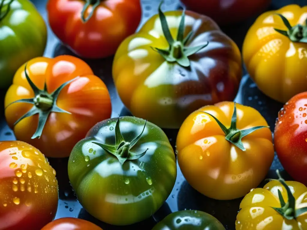 Detalles vibrantes de tomates orgánicos variados bajo luz suave, destacando la relevancia cultural de recetas históricas