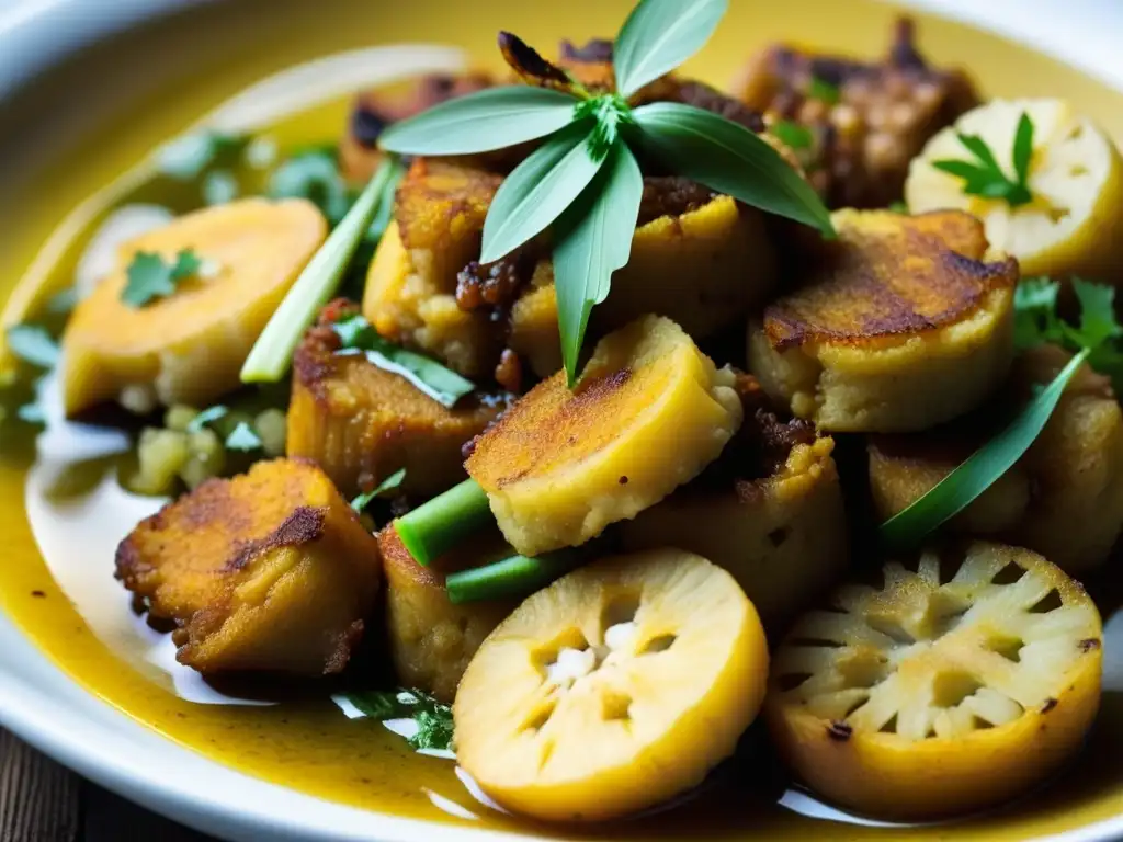 Detalles vibrantes del tradicional plato de Mofongo de San Juan, un festín de sabores y colores