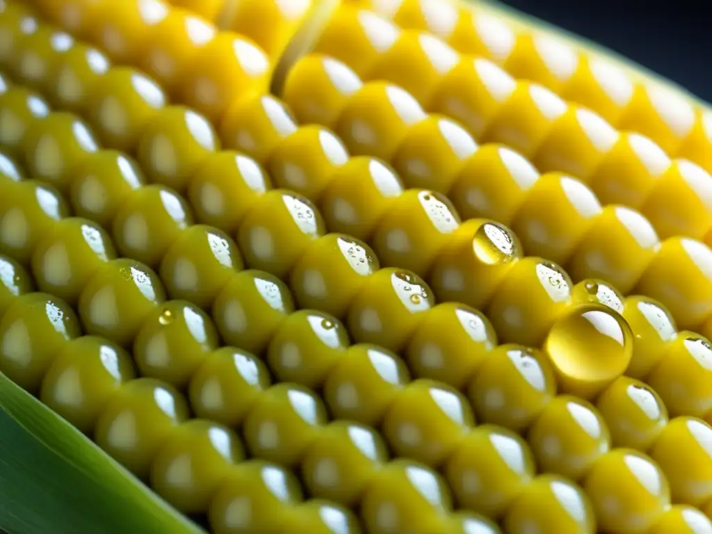 Detalles vibrantes de maíz transgénico en cocina latinoamericana, con gotas de agua resaltando su textura única