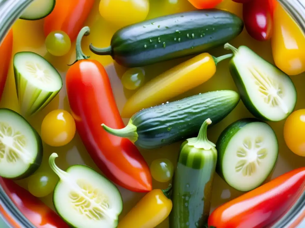 Detalles vibrantes de vegetales encurtidos en frascos, resaltando técnicas de conservación de alimentos históricas