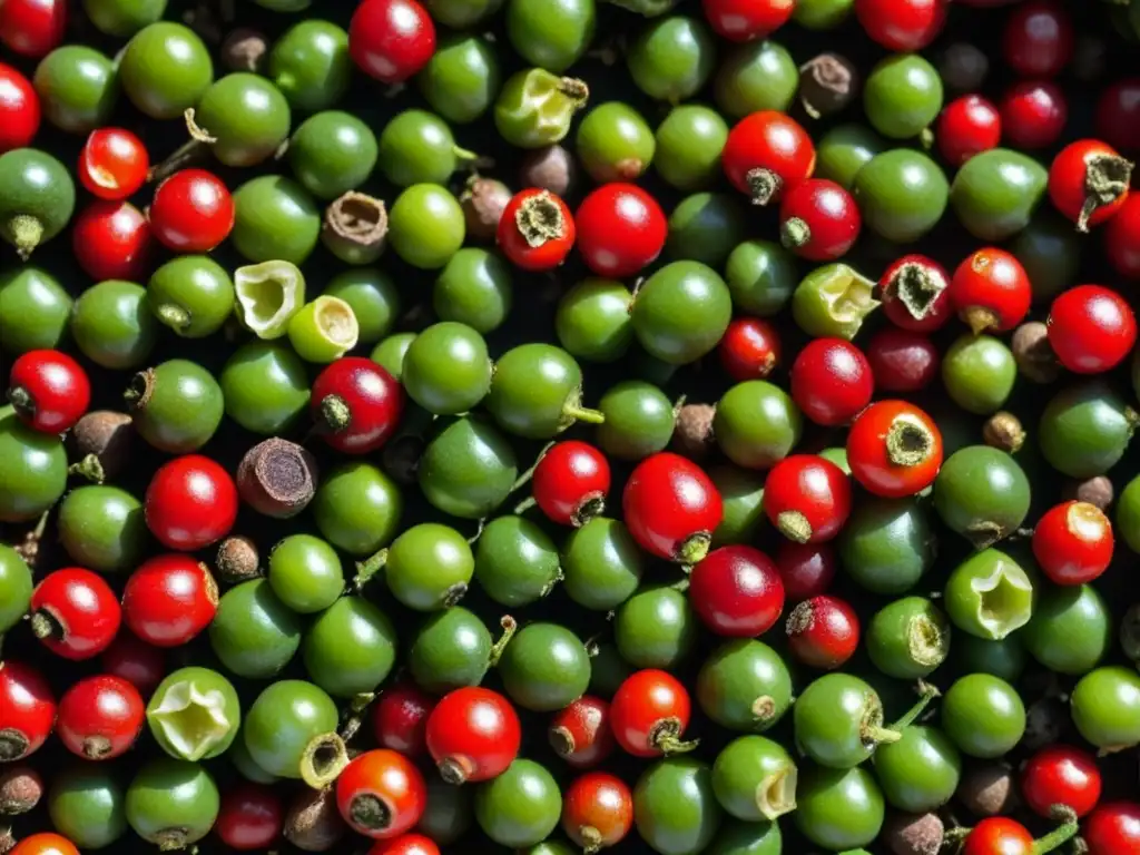 Detalles vibrantes de pimienta roja y verde de Zanzíbar, África Oriental