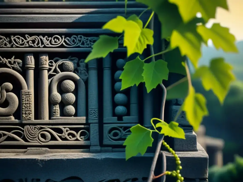 Detalles de vides antiguas entre ruinas de piedra, mostrando la fusión armoniosa de historia y naturaleza en la elaboración de vinos