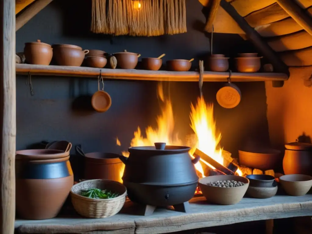 Detalles de conservación alimentos era vikinga en cocina de casa larga con fuego central