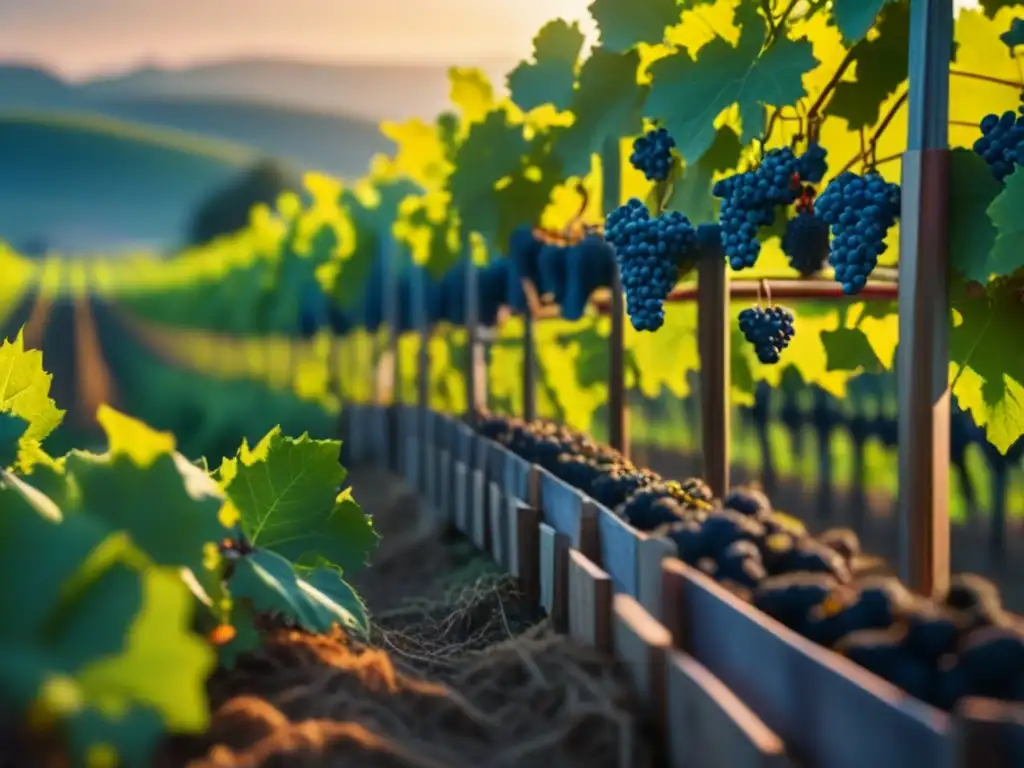 Detalles del viñedo al atardecer, resaltando las uvas maduras y la interacción de luces y sombras