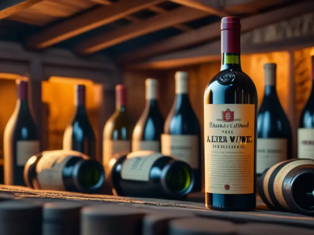 Detalles de vinos antiguos en bodega subterránea, mostrando botellas polvorientas con etiquetas desgastadas que datan de siglos