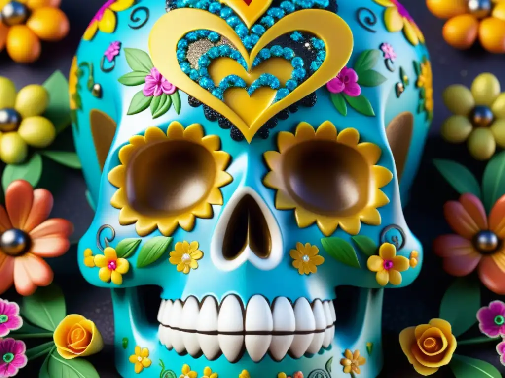 Detalles vívidos de una calavera mexicana tradicional, resaltando su artesanía y colores vibrantes